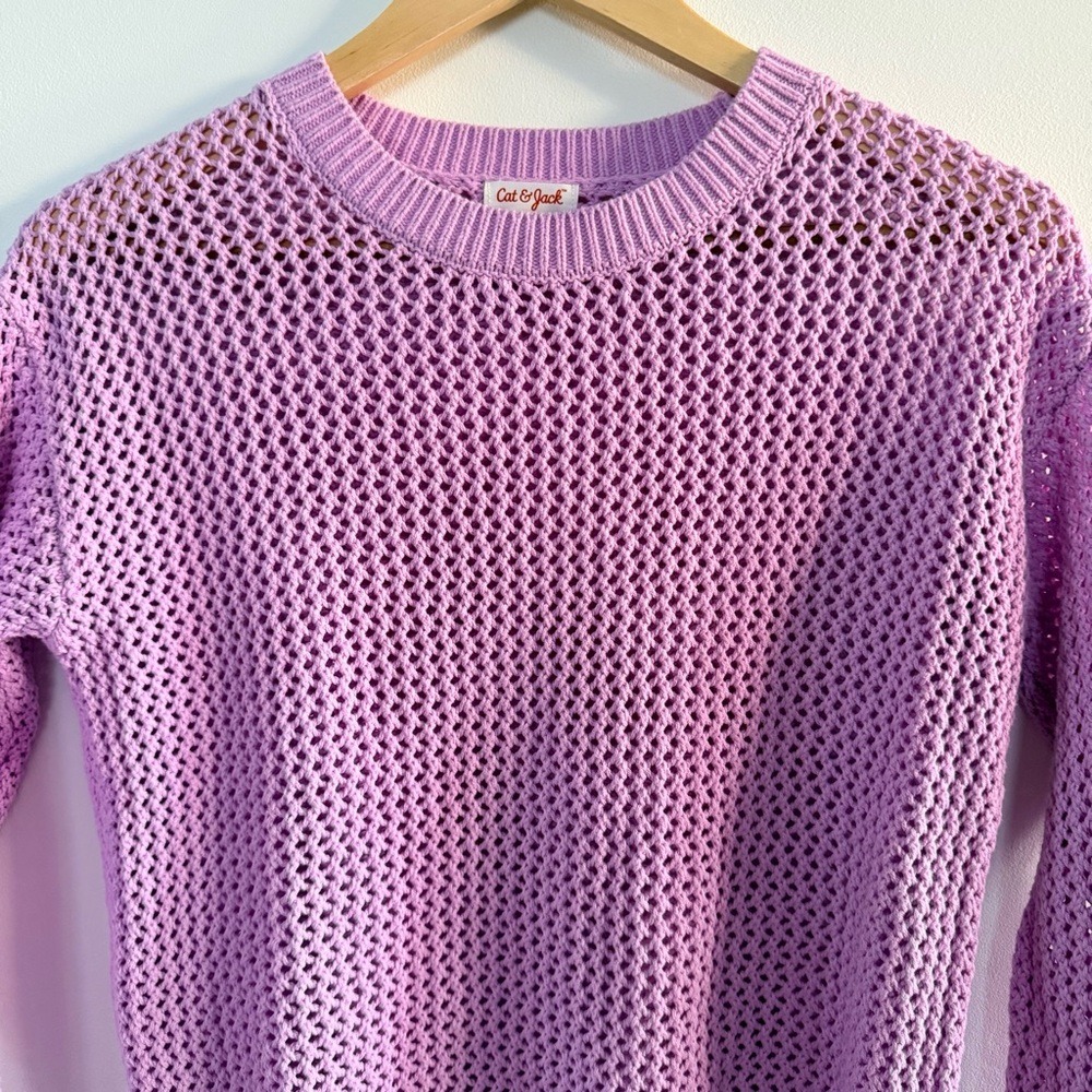 Cat & Jack Girls XL 14 Lavender Purple Open Knit Mesh Crochet Sweater Crew Neck